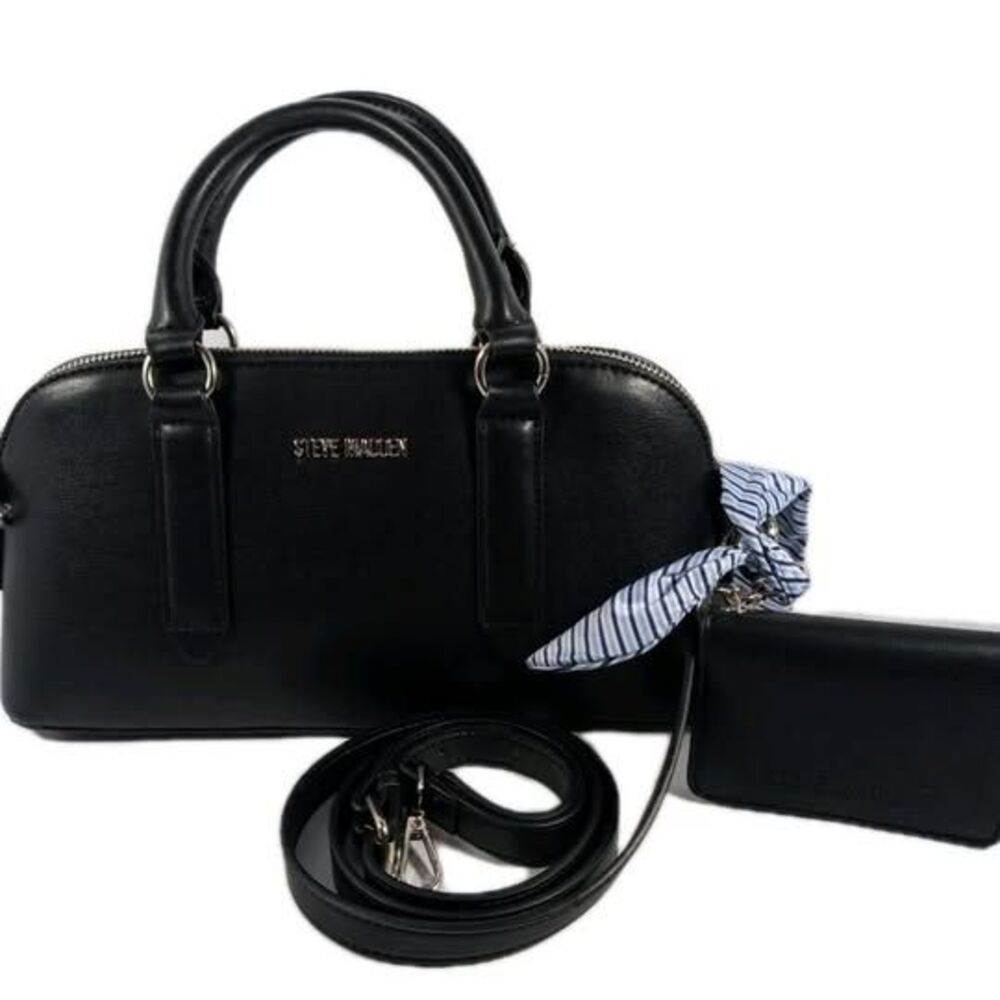 Steve Madden Bhope-D Medium Dome Satchel Black Faux Leather Crossbody New
